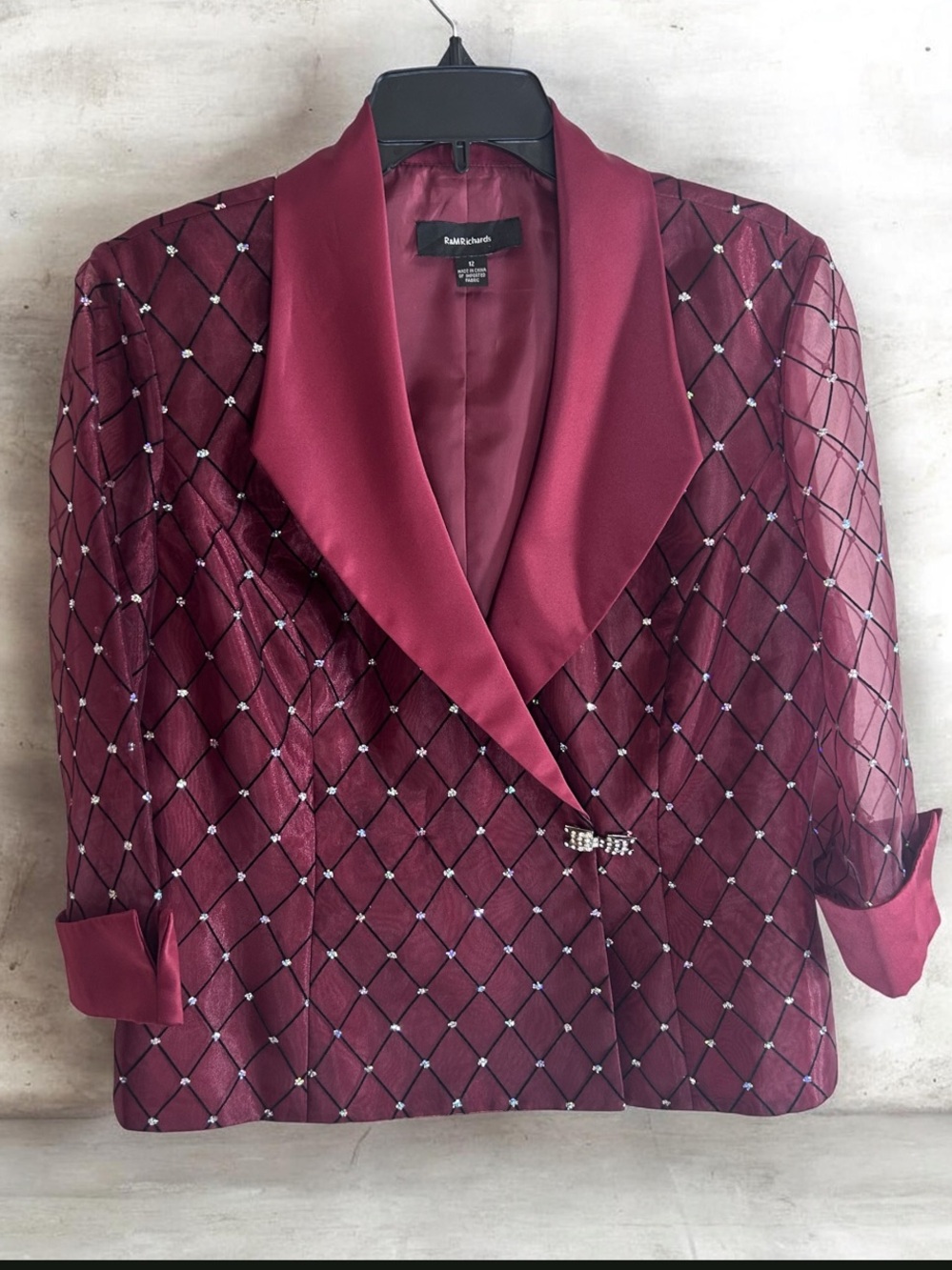 R&M Richards Burgundy Diamond Mesh Evening Jacket Blazer